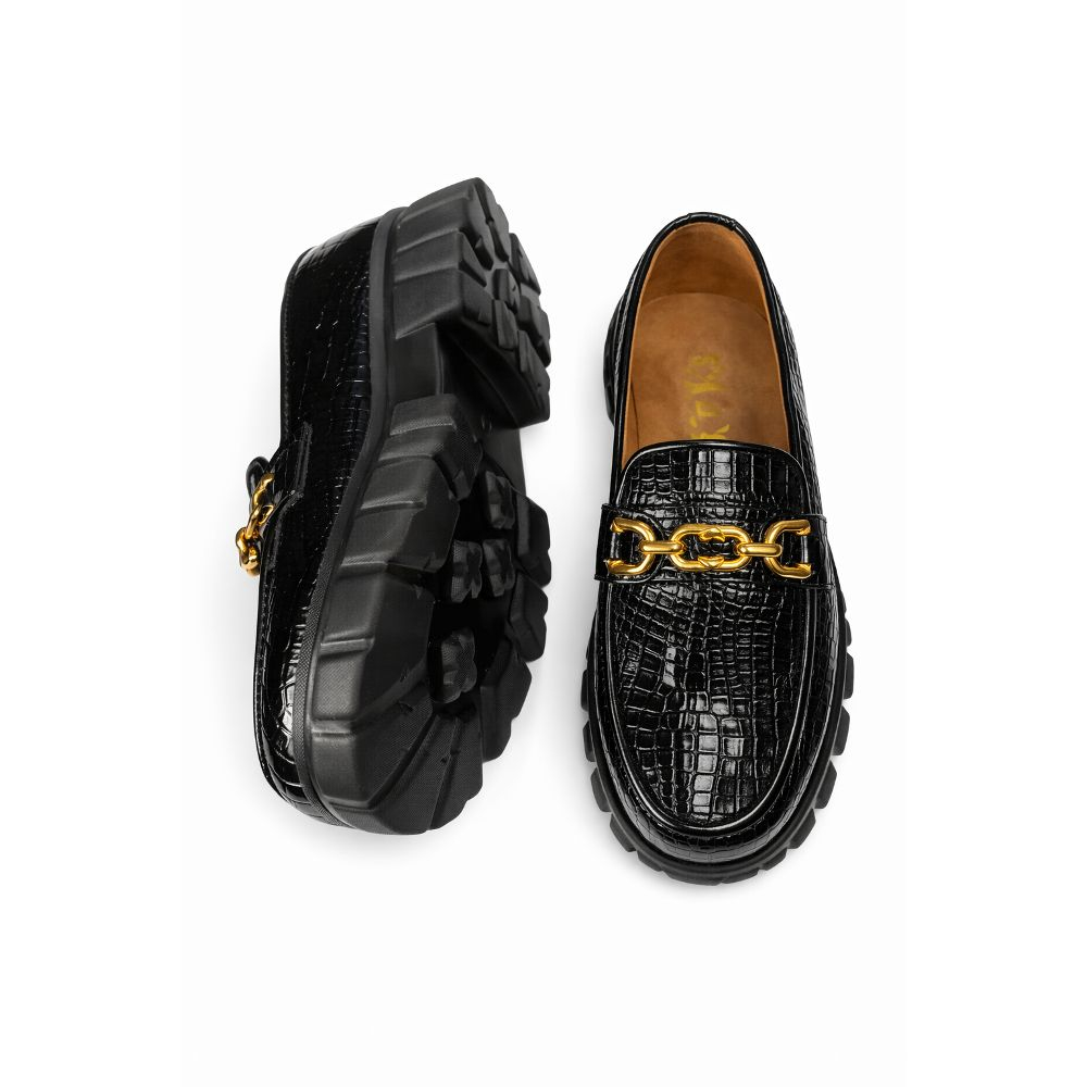 Unisex Black Croc Texture Chunky Loafers